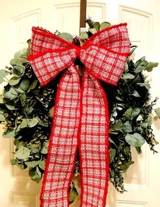 Christmas Bow 12.5” by 24” Handmade 3” Woven Red White Plaid Wreath not included - Picture 1 of 8