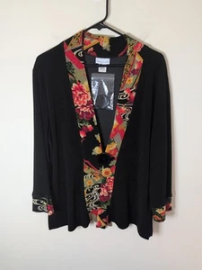 NWOT Soft Surroundings Black & Floral Asian Print Kimono Jacket L Made In USA - Picture 1 of 10