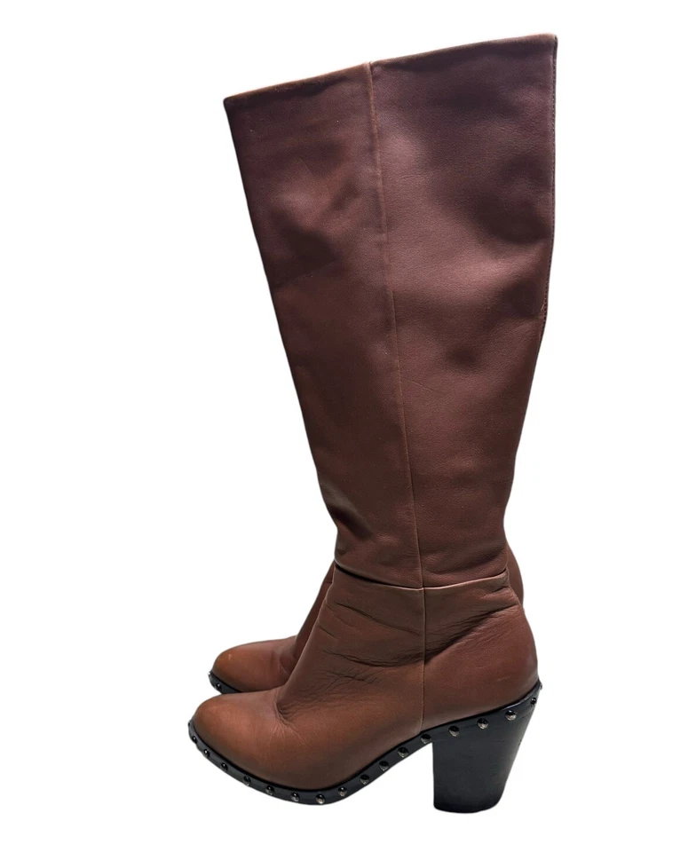 Fergie Olympia Tan Leather Studded Y2K Vtg Zip-Up Tall Heeled Boots Womens 5.5 - Image 1 of 4