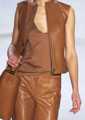 Women Leather Brown Stylish Zipper Vest Coat Waist Coat Party Lambskin Western - Image 1 of 4