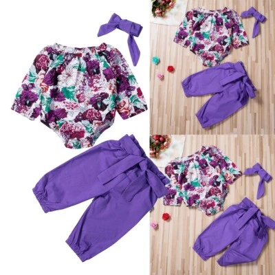 3PCS Newborn Baby Girls Clothes Suit Playsuit Tops Floral Pants Headband Outfit - Image 1 of 4