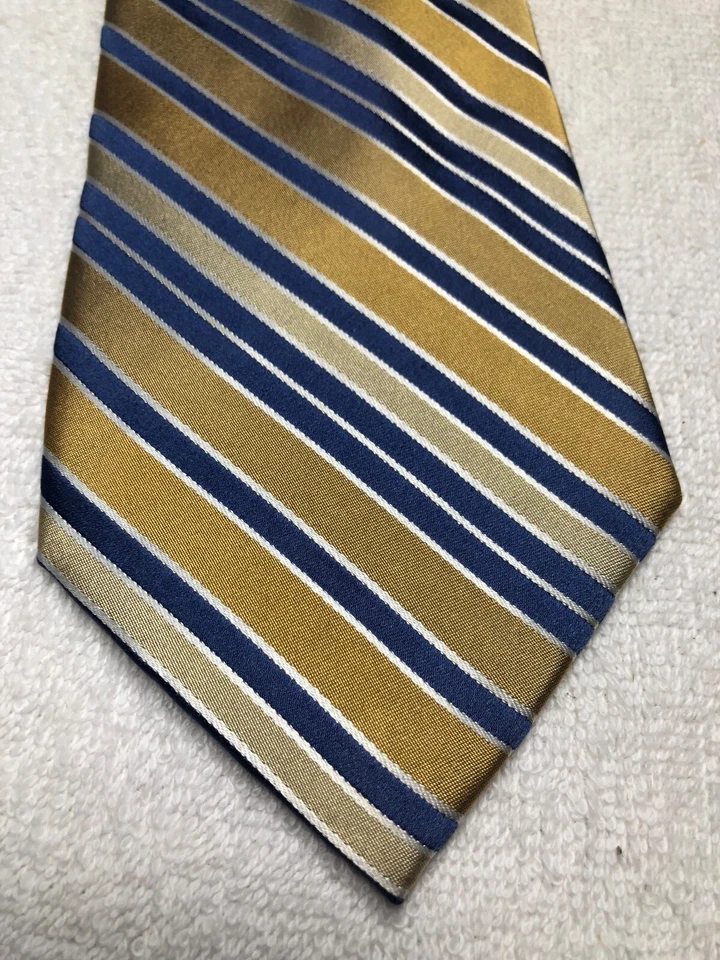 JONES НЬЮ-ЙОРК МУЖЧИН ГАЛСТУК ЖЕЛТЫЙ И ЗОЛОТОЙ С СИНИМИ ПОЛОСКАМИ 4 X 61 - Изображение 1 из 4