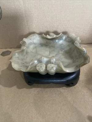 Средний резной мыльный камень китайский лотос лист щетка блюдо/чаша с подставкой - Изображение 1 из 4