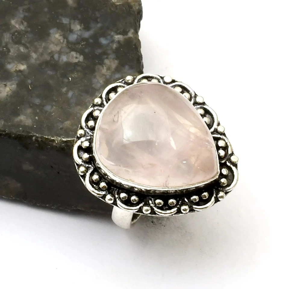 Этническое кольцо ручной работы с розовым кварцем и драгоценными камнями ювелирные изделия для свадьбы размер США - 8 AR 40766 - Изображение 1 из 1