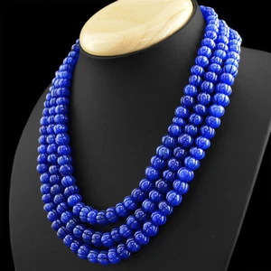 738.50 CTS ENHANCEDSAPPHIRE 3 STRAND ROUND CARVED BEADS NECKLACE (DG) - Picture 1 of 3