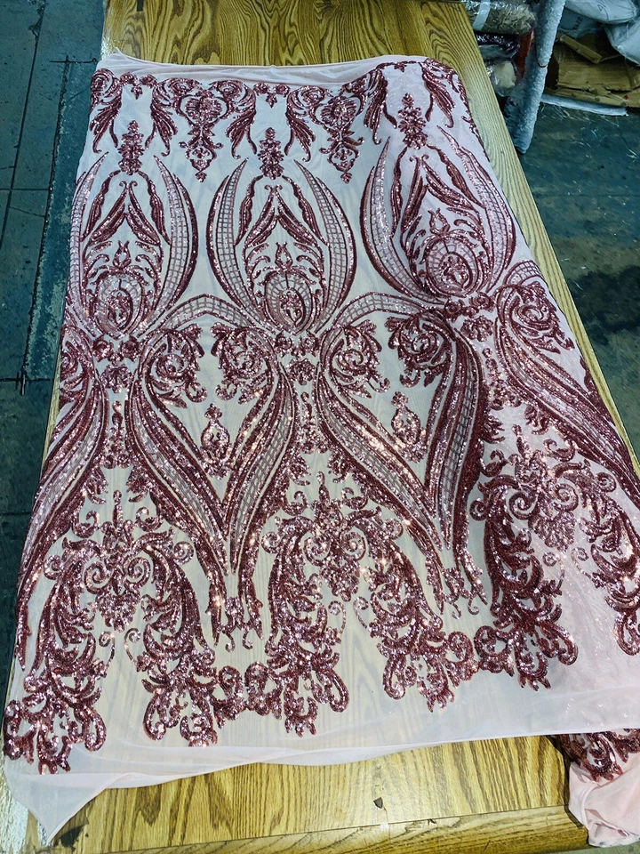 ROSE DAMASK SEQUINS DESIGN ON A NUDE 4 WAY STRETCH  MESH-PROM-BY YARD. - Image 1 of 1