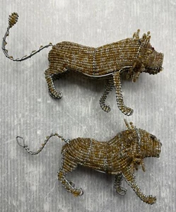vintage FOLK ART Gold Beaded African Lion Sculpture Figure Wire ART Decor LOT/2 - Picture 1 of 20