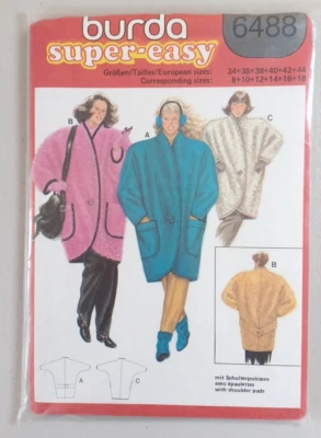 Burda Super Easy 6488 Sewing Pattern Womens Sz 8-18 VTG Coat Shoulder Pads Uncut - Image 1 of 4