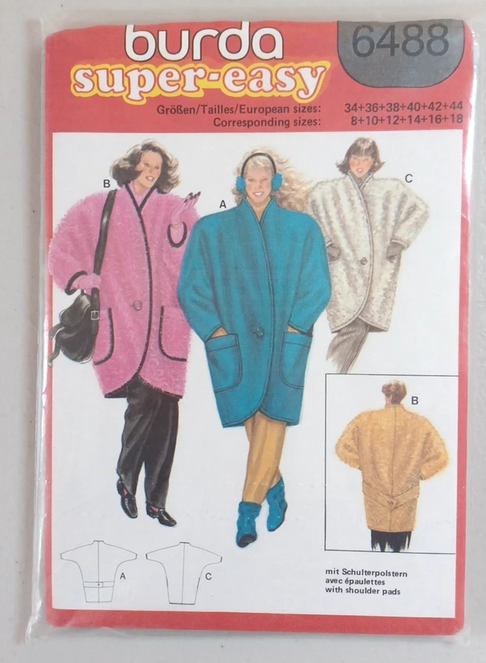 Burda Super Easy 6488 Sewing Pattern Womens Sz 8-18 VTG Coat Shoulder Pads Uncut - Image 1 of 4