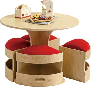 Jooyes Kids Round Wooden Table with Storage Stools Blue - Set Of 5 - Picture 1 of 4