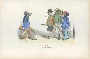 GRANDVILLE antique Lithograph print Metamorphoses Dressed boar dog umbrella - Picture 1 of 2
