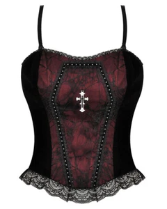 Dark In Love Gothic Punk Crucifix Coffin Cobweb Corset Vest Top Black Red Velvet - Picture 1 of 13