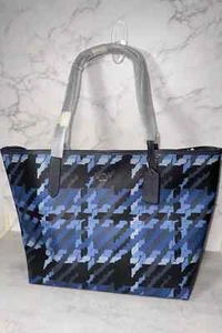 COACH CM160 Graphic Blue Plaid Print Coated Canvas City Tote NWT - Picture 1 of 10