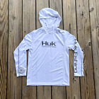 HUK Fishing Kids Icon Performance Long Sleeve Hoodie Shirt, Youth Large, White