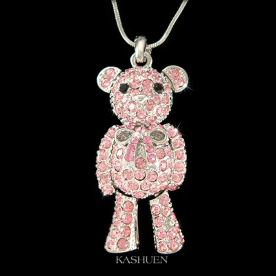 Big 3D Gold Bewegbar Pink Teddybär mit Swarovski Kristall Tier Halskette - Bild 1 von 4