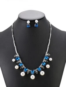 Pearl Tear Drop Blue & Silver Rhinestone Necklace & Earring Set – Gift Present - Picture 1 of 6