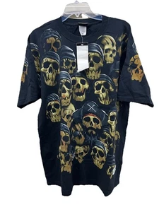 Vintage Liquid Blue Pirate Skulls All Over Print AOP Black Shirt Size 2XL - Picture 1 of 4
