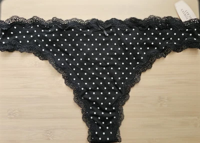 NWT VICTORIA'S SECRET VTG 2010 Cotton Modal Lace Black Polka Dot Thong Panty L - Image 1 of 4