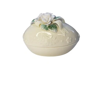 Porcelain Egg-Shaped Trinket w/ Lid Raised Flowers, Green Leaves Ribbon Easter - Picture 1 of 8