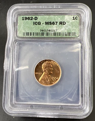 1962 D 1c Lincoln Memorial Cent Coin ICG MS67 Gem BU Certified #217 - Image 1 of 4