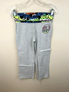 Justice 14 Gray Knit Capri Pants Foldover Waistband Rainbow Peace Sign Heart - Picture 1 of 4