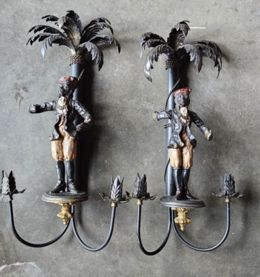 Vintage Large Italian Tole Monkey Palm Tree Sconces - Image 1 of 4