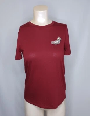 Camiseta H&M Borgoña Manga Corta con Apliques de Estrás Para Mujer Talla XS Foto 1 de 4