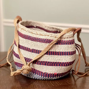 Vintage Bohemian Market Bag Handcrafted Woven Sisal Leather Tassel Basket Multi - Picture 1 of 12