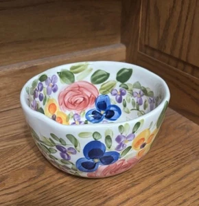 Tabletops Mariams Garden Hand Painted 6"x3.5" Bowl Floral White Yellow Pink Blue - Picture 1 of 6