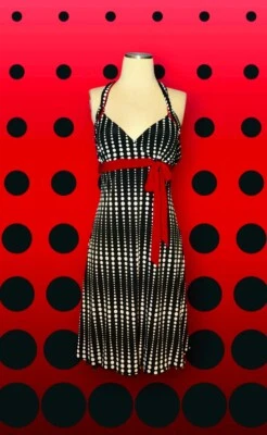 I. N. SAN FRANCISCO Cocktail Dress Black White POLKA DOT Red Bow Women's LARGE - Image 1 of 4