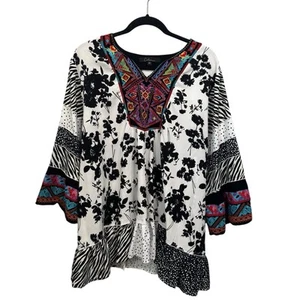 CALESSA 3X Tunic Top Floral Embroidered Neck /Sleeves Ruffles Boho Tribal Artsy - Picture 1 of 7