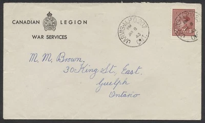 1943 Military Postmark Jarvis MPO 207 ONT CDS On Canadian Legion Cover - Image 1 of 2