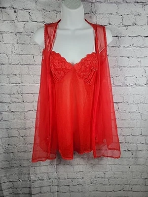 Womens Vintage Vanity Fair 2 Piece Red Camisole With Chiffon Cover Size 34 S/M? - Image 1 of 4