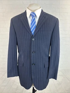 Burberry Men's Blazer 40R Navy Blue Striped 100% Cotton Two Button Athletic Fit - Picture 1 of 13
