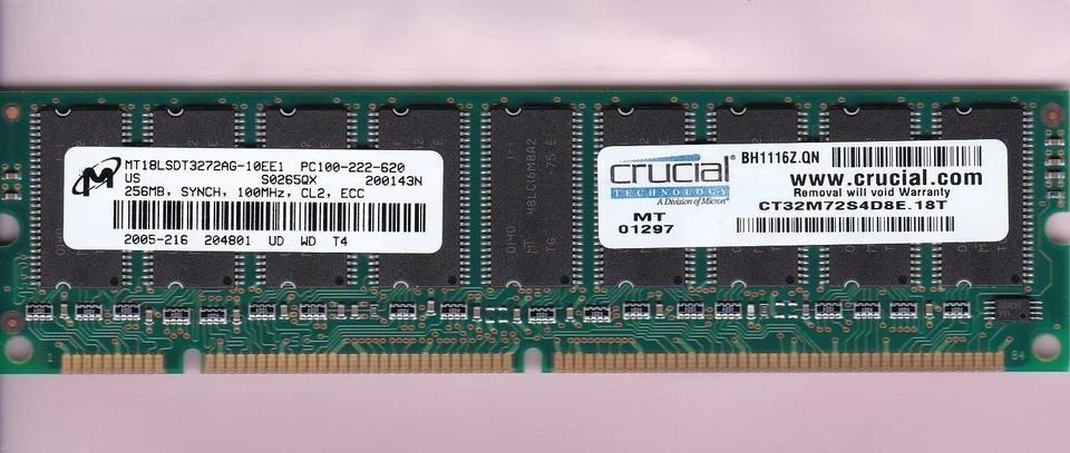 256MB PC-100 CRUCIAL CT32M72S4D8E.18T MICRON ECC PC100 3.3V SDR RAM SERVIDOR STICK Foto 1 de 2