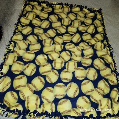 Softball Sports Navy Yellow Handmade Tie Blanket Oversize Throw 45"X60"  - Image 1 of 4