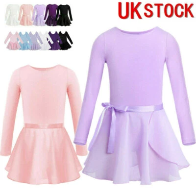 UK Kids Girls Ballet Dance Dress Basic Long Sleeve Leotard Skirt Tulle Dancewear - Image 1 of 2