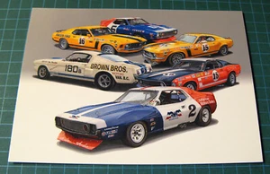 POSTCARD OF VARIOUS TRANS AM MUSTANG CARS ILLUSTRATION -VINTAGE SCCA ROAD RACING - Picture 1 of 3