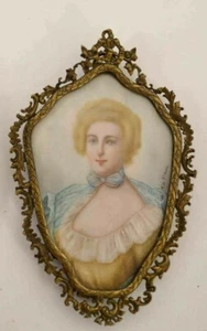 Antique Hand Painted Miniature Portrait of a Regal Lady, Bronze Frame, Vintage - Picture 1 of 4