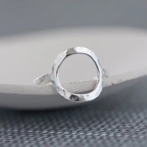 Silver Large Open Oval Ring, Halo Ring, 925 Silver Ring, Hammered Circle Ring - Picture 1 of 10