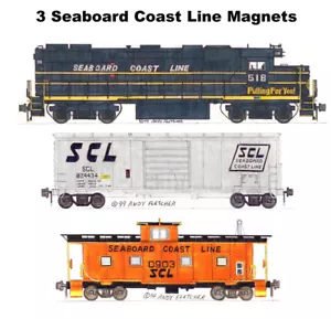 Seaboard Coast Line GP38-2, 40' Box Car & Caboose set di 3 magneti Andy Fletcher - Foto 1 di 1