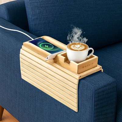 Bamboo Couch Cup Holder Tray | Sofa Arm Table & Side Table - Christmas gift - Image 1 of 4