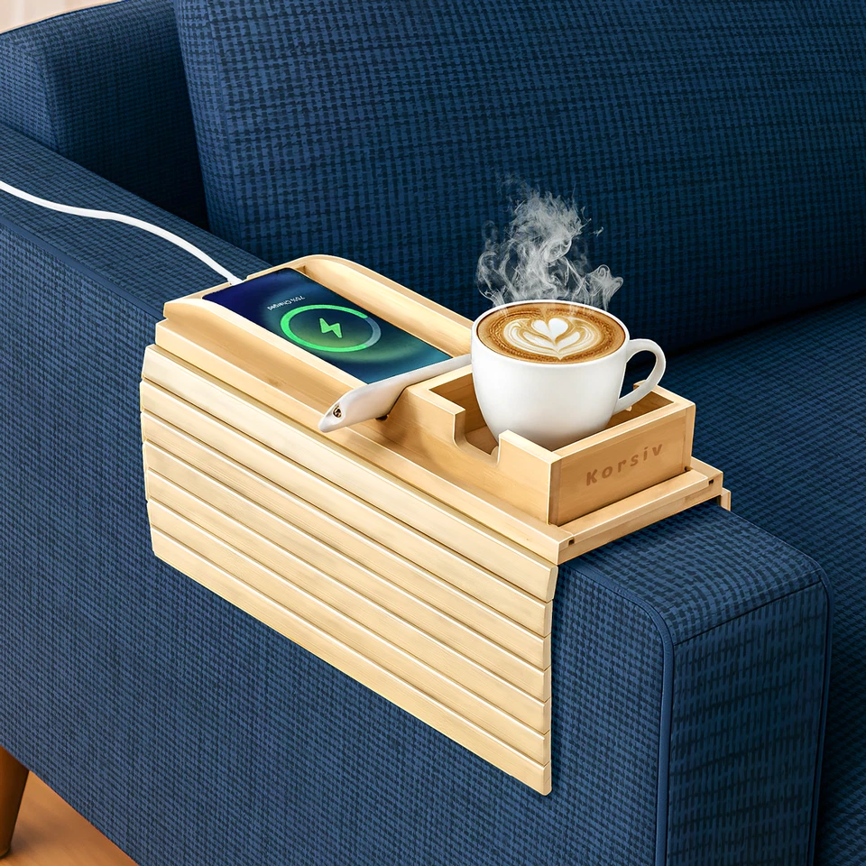 Bamboo Couch Cup Holder Tray | Sofa Arm Table & Side Table - Christmas gift - Image 1 of 4