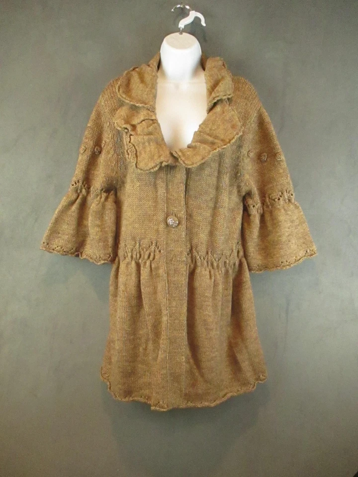 Одна девочка кто свитер пальто женщин средний коричневый оборкой воротник качается вязаный Snap богемное - Изображение 1 из 4