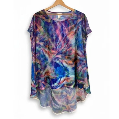 Túnica poncho abstracta colorida Boho Resortwear artística L 12/14 Chico's para mujer L 2/14 Foto 1 de 4