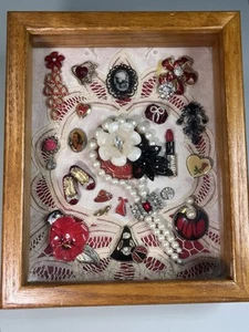Vintage Costume & Contemporary Jewelry Art Framed Shadowbox Diorama, Ruby Reds - Picture 1 of 9