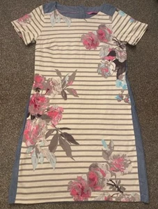 Joules Stripe Floral T Shirt Dress Denim Back Size 10 White Pink Grey - Picture 1 of 7