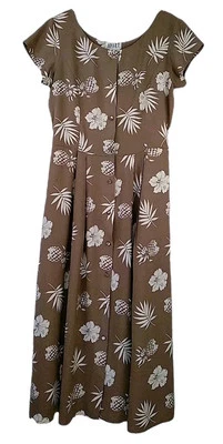 Vestido De Colección Años 80 Marrón Crema Hibisco Estampado Piña 10 Bolsillos Abotonados Casa de Campo Foto 1 de 4