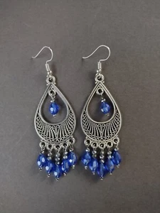 Earrings Handmade Chandelier Silver Blue Crystal Drop Dangle - Picture 1 of 1