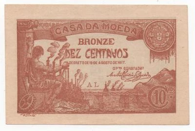 PORTUGAL 10 CENTAVOS 1917 PICK 96 AU - Image 1 of 2